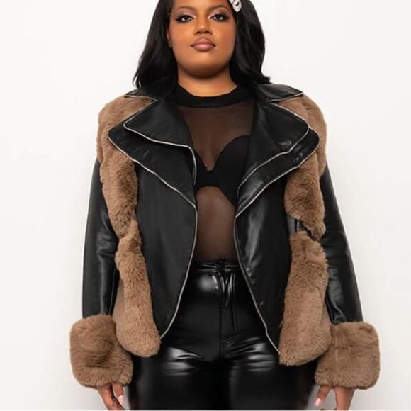 NWT Azalea Wang Faux Fur Leather Moto Jacket -Black & Brown - Size 1X - Picture 4 of 16